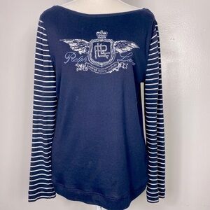 Lauren Ralph Lauren boatneck beaded RL insignia long striped sleeve top